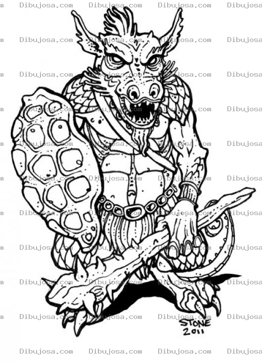 Dibujo para colorear Moustruo Guerrero Para Pintar Y Colorear Dibujo De Monstruo Cavernicola Con Escudo De Tortuga Y Mazo Con Puas