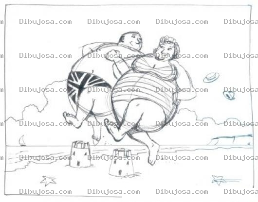Dibujo para colorear Gordos Corriendo Dibujo De Una Pareja De Obesos Corriendo En La Playa Para Pintar Y Colorear Gorditos Trotando