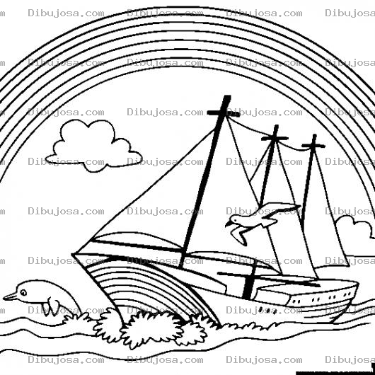 Dibujo para colorear Arcoiris En El Mar Sobre Un Barco De Vela Para Pintar Y Colorear
