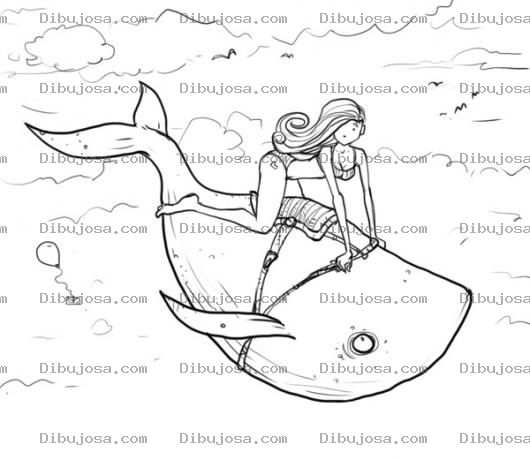Dibujo para colorear Ballena Voladora Dibujo De Una Mujer Sobre Una Ballena En Las Nubes Para Pintar Y Colorear