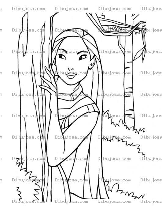 Dibujo para colorear Dibujo De Pocahontas Escondida Atras De Un Arbol Para Pintar Y Colorear A Pocajontas