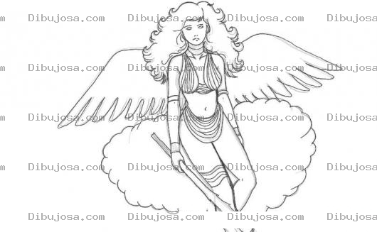 Dibujo para colorear Mujer Con Alas De Angel Sobre Una Nube Para Colorear