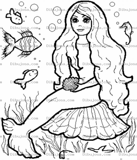 Dibujo para colorear Dibujo De Sirenita Sentada En El Fondo Del Mar Rodeada De Pecesitos Para Pintar Y Colorear