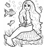 Dibujo para colorear Dibujo De Sirenita Sentada En El Fondo Del Mar Rodeada De Pecesitos Para Pintar Y Colorear