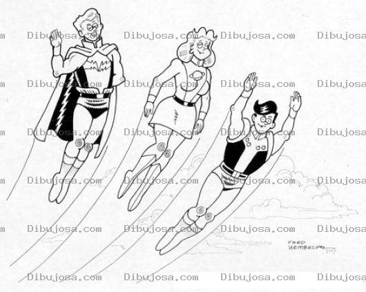 Dibujo para colorear Dibujo De Super Heroina Acompanada De Dos Super Heroes Para Pintar Y Colorear