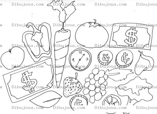 Dibujo para colorear Mercadito De Verduras Para Pintar Y Colorear Dibujo De Frutas Verduras Y Vegetales Con Un Reloj Billetes Y Monedas
