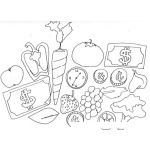 Dibujo para colorear Mercadito De Verduras Para Pintar Y Colorear Dibujo De Frutas Verduras Y Vegetales Con Un Reloj Billetes Y Monedas