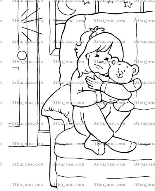 Dibujo para colorear Dibujo De Nina Abrazando A Su Osito En Un Sofa Para Pintar Y Colorear