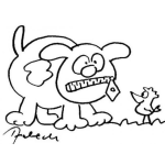 Dibujo para colorear Perro Con Ziper En La Boca Frente A Un Pajarito Para Pintar Y Colorear
