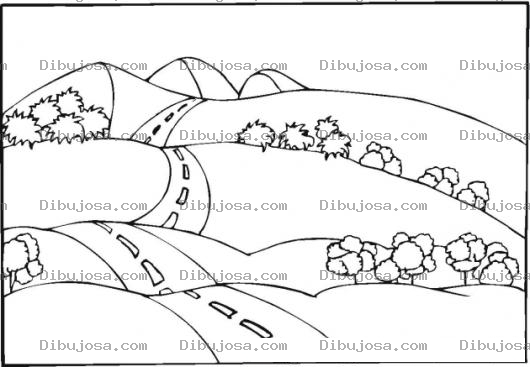 Dibujo para colorear Colorear paisaje de una larga carretera entre las monta as