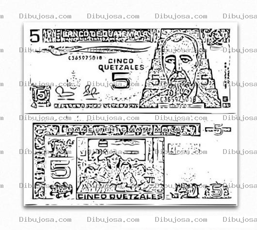 Dibujo para colorear Billete De 5 Quetzales De Guatemala Con La Cara De Justo Rufino Barrios Para Pintar Y Colorear Cincoquetzales 5tukis