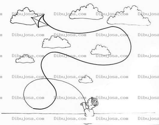 Dibujo para colorear Volando Cometa Con La Mano Derecha Y Luego La Izquierda Volando Cometa Dibujo De Nino Con Un Barrilete En Un Dia Precioso Lleno De Nubes Para Pintar Y Colorear