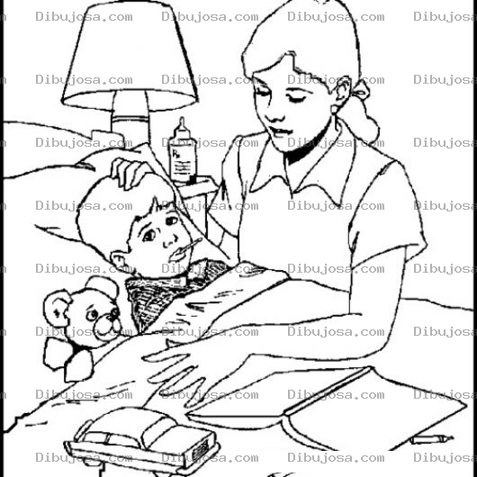 Dibujo para colorear Hijo Enfermo En Cama Dibujo De Mama Cuidando A Su Hijo Enfermo Con Temperatura Acosta De Su Camita Para Pintar Y Colorear