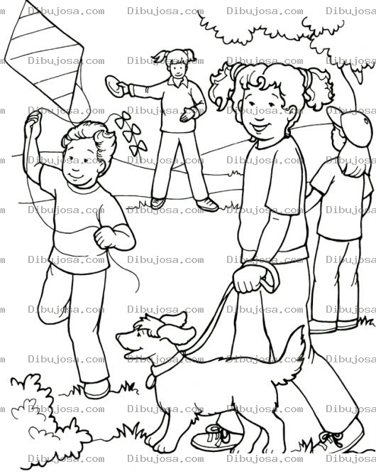 Dibujo para colorear Dibujo De Ninos Jugando En Un Parque Y Volando Barrilete En Un Campo Para Pintar Y Colorear