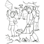 Dibujo para colorear Dibujo De Ninos Jugando En Un Parque Y Volando Barrilete En Un Campo Para Pintar Y Colorear
