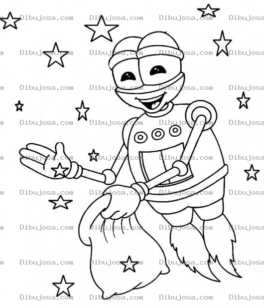 Dibujo para colorear Dibujo De Robot Volador Recogiendo Estrellas En El Cielo Para Pintar Y Colorear