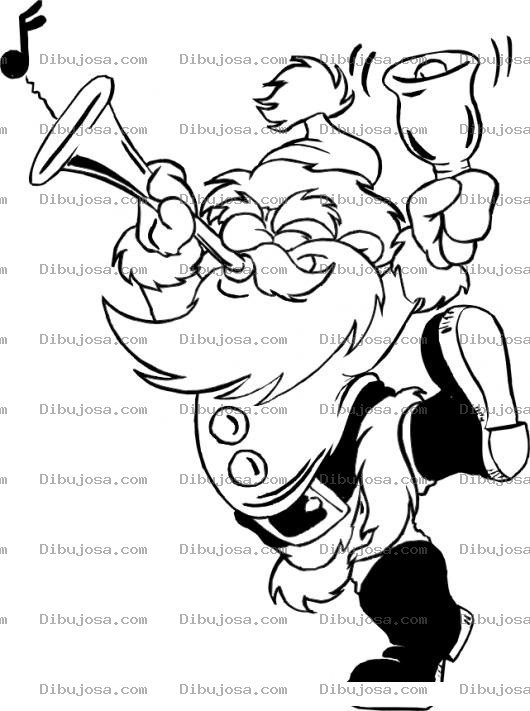 Dibujo para colorear Colorear A Santa Claus Tocando Su Trompeta Y Sonando Su Campanita Anunciando Que Ya Llego La Navidad