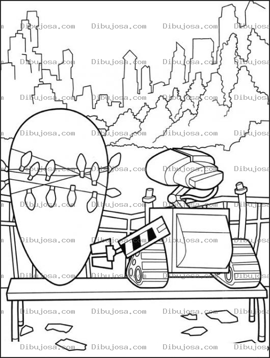 Dibujo para colorear Colorear Robot Wally viendo la ciudad
