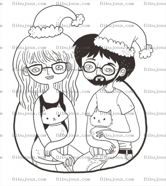 Dibujo para colorear Dibujo De Mujer Y Hombre Con Gatos Y Gorros De Navidad Para Pintar Y Colorear
