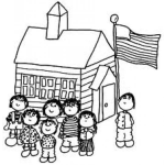 Dibujo para colorear Colegioamericano Dibujo De Un Colegio Americano Con Sus Alumnitos Y La Bandera De Estados Unidos Para Pintar Y Colorear