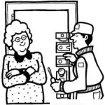 Dibujo para colorear Chapas De Seguridad Dibujo De Un Cerrajero Instalando Varias Cerraduras En La Puerta De Una Abuelita Para Pintar Y Colorear