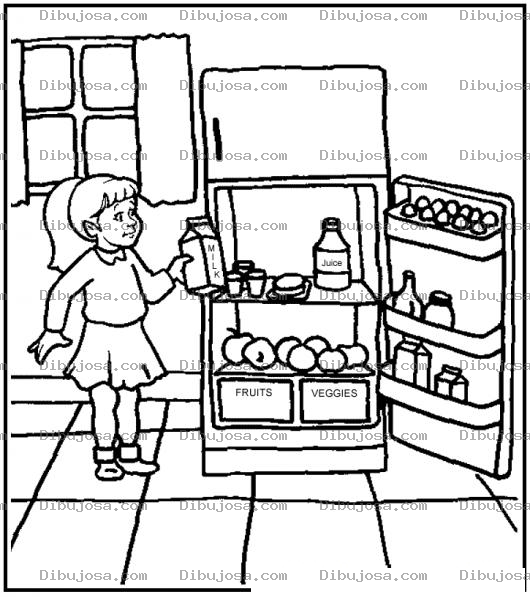 Dibujo para colorear Dibujo De Nina Con Refrigerador Abierto Para Pintar Y Colorear Nevera Llena De Comida