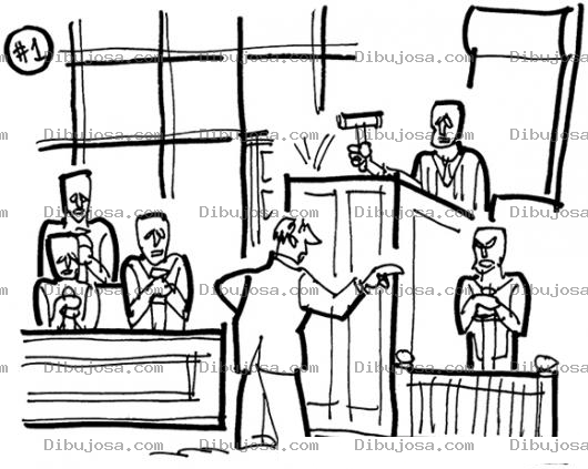 Dibujo para colorear Dibujo De Un Juicio En Un Juzgado Con Testigos Con Un Juez Un Abogado Acusador Y Un Acusado Sentado En El Banquillo De Los Acusados Para Pintar Y Colorear