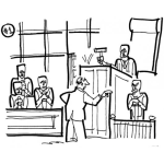 Dibujo para colorear Dibujo De Un Juicio En Un Juzgado Con Testigos Con Un Juez Un Abogado Acusador Y Un Acusado Sentado En El Banquillo De Los Acusados Para Pintar Y Colorear