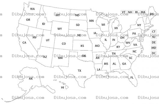 Dibujo para colorear Mapa De Estados Unidos Con Las Iniciales De Todos Los Estados Para Colorear