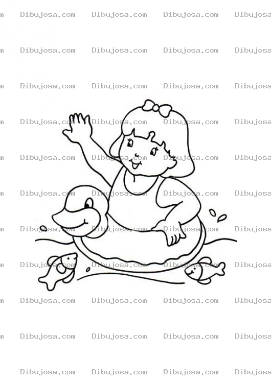 Dibujo para colorear Colorear nena con salvavidas en el agua