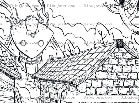 Dibujo para colorear Dibujo De Robot Gigante En Una Aldea Para Pintar Y Colorear Caserio Con Casas De Adobe Y Un Robot Gigantesco