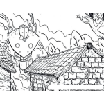 Dibujo para colorear Dibujo De Robot Gigante En Una Aldea Para Pintar Y Colorear Caserio Con Casas De Adobe Y Un Robot Gigantesco