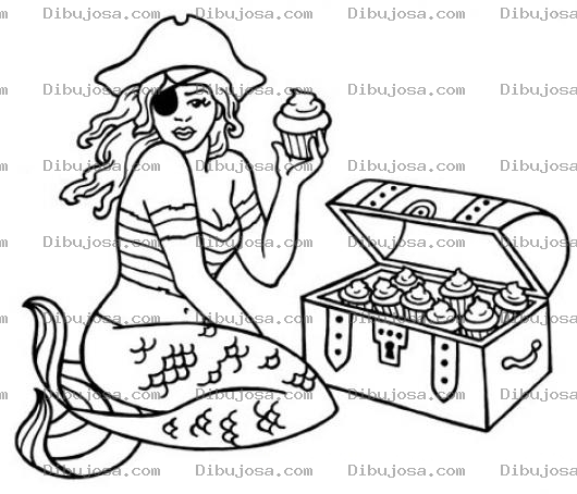 Dibujo para colorear Dibujo De Sirena Pirata Con Un Tesoro De Pastelitos Cubiletes Para Pintar Y Colorear Sirenitapirata