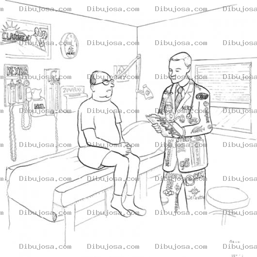 Dibujo para colorear Dibujo De Doctor Con Muchas Insignias En Su Traje De Medico Para Pintar Y Colorear Doctor Atendiendo A Un Paciente En Su Clinica Privada