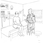 Dibujo para colorear Dibujo De Doctor Con Muchas Insignias En Su Traje De Medico Para Pintar Y Colorear Doctor Atendiendo A Un Paciente En Su Clinica Privada