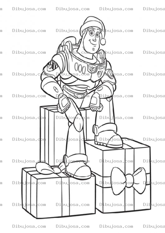 Dibujo para colorear Dibujo De Boss Light Year Con Sombrero De Santaclaus Para Pintar Y Colorear A Buzzlightyear Sentado Sobre 3 Regalos De Navidad Bos Lai Year
