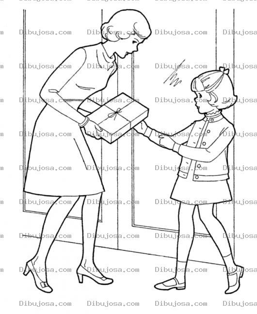 Dibujo para colorear Dibujo De Mama Dando Un Regalo A Su Hija Para Pintar Y Colorear