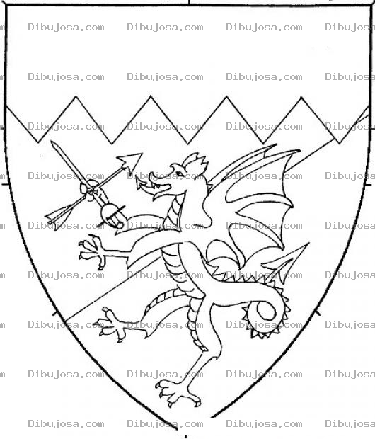 Dibujo para colorear Dibujo De Escudo Medieval Con Un Dragon Que Tiene Una Espada Y Una Flecha Para Pintar Y Colorear