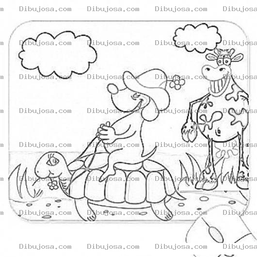 Dibujo para colorear Dibujo De Perro Vaquero Cabalgando Sobre Una Tortuga Frente A Una Vaca Para Pintar Y Colorear
