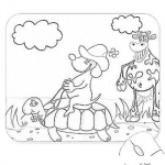 Dibujo para colorear Dibujo De Perro Vaquero Cabalgando Sobre Una Tortuga Frente A Una Vaca Para Pintar Y Colorear