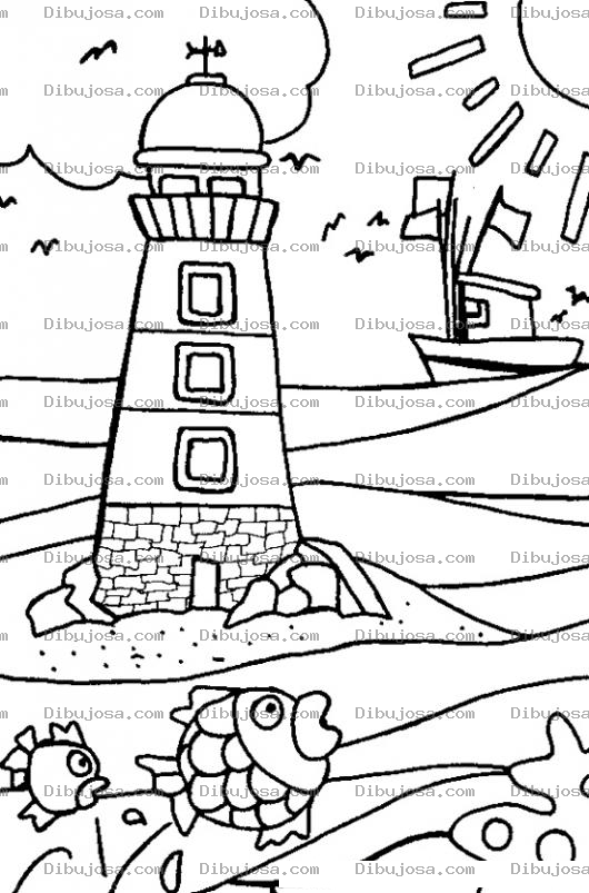Dibujo para colorear Dibujo De Una Playa Con Un Faro Para Colorear