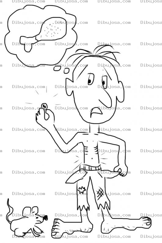 Dibujo para colorear Poquito Dinero Dibujo De Un Hombre Pobre Y Hambriento Con Solo Una Monedita Pensando En Una Pierna De Pollo Y Con Una Rata A Su Lado