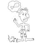 Dibujo para colorear Poquito Dinero Dibujo De Un Hombre Pobre Y Hambriento Con Solo Una Monedita Pensando En Una Pierna De Pollo Y Con Una Rata A Su Lado