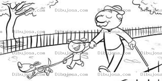 Dibujo para colorear Abuelito Paseando Con Su Nieta Y El Perro Para Colorear