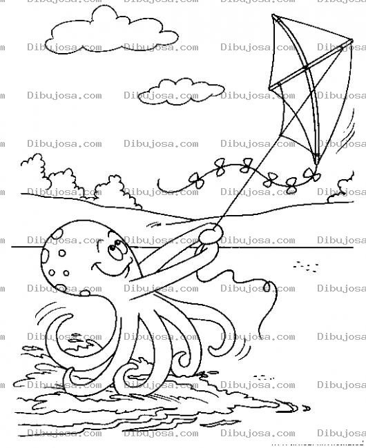 Dibujo para colorear Dibujo De Pulpo Volando Cometa Para Pintar Y Colorear Pulpo Y Barrilete