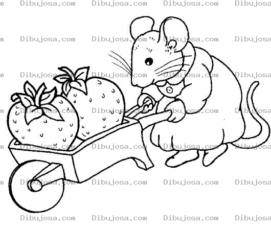 Dibujo para colorear Dibujo De Ratona Trabajadora Cargando Dos Fresas En Una Carreta Para Pintar Y Colorear