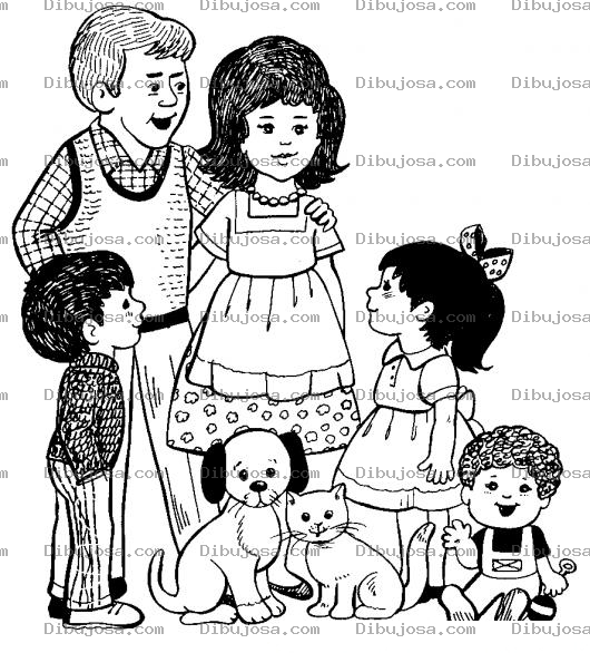 Dibujo para colorear Dibujo De Una Familia Con Un Perro Y Un Gato Para Pintar Y Colorear