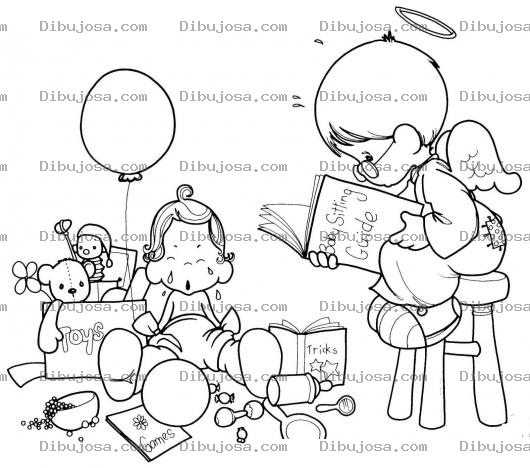 Dibujo para colorear Colorear Angelito Guardian De Precius Moments Cuidando A Un Bebe