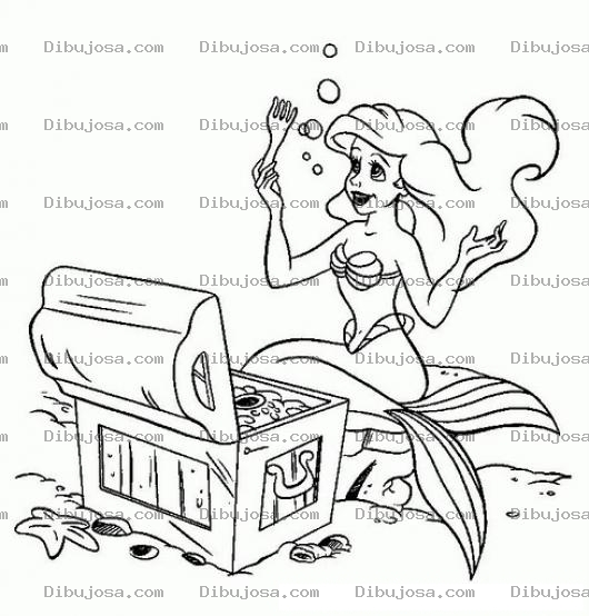Dibujo para colorear La Sirenita Y El Cofre Del Tesoro Para Pintar