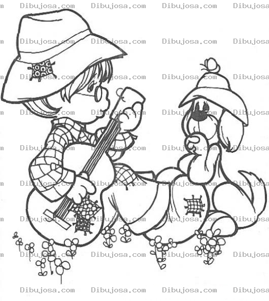 Dibujo para colorear Dibujo de un nino con guitarra de precious moments para pintar